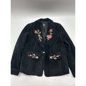 Sharif 1827 Black Leather Embroidered Flowers Jacket Coat Floral Classy MEDIUM